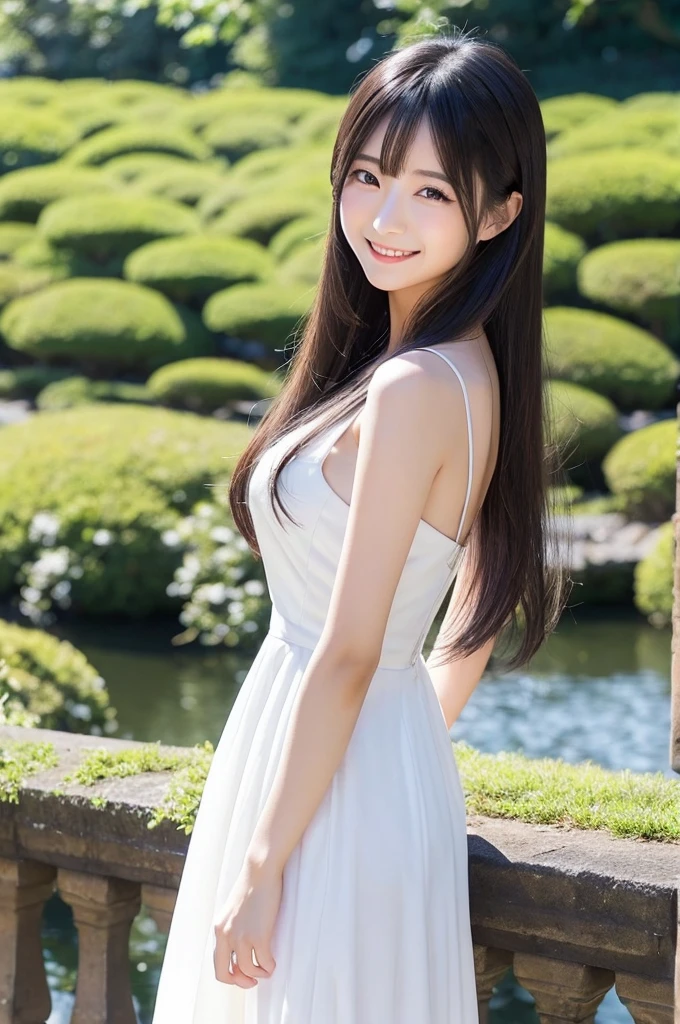 Having long flowing hair、Very Beautiful Japan Woman。She is wearing a stylish white dress.、She has striking bluish-black eyes and a bright smile.、Has an elegant posture。The background is a fantastic natural setting。
The image style is realistic.、It adds a touch of glamour.。