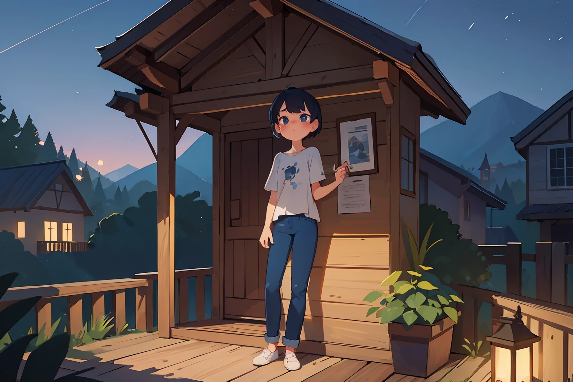 pretty 23 year old girl, medium short hair, BEAU BLUE eyes, she's smoking on a balcony, in village, wood made house, at night, wear a short shirt and a skinny pant, 16k quality, no override on image, all body, have long legs, have deep shadows, super detail, best quality, no glitches on image, masterpiece, advanced for deep shadows and background quality.
