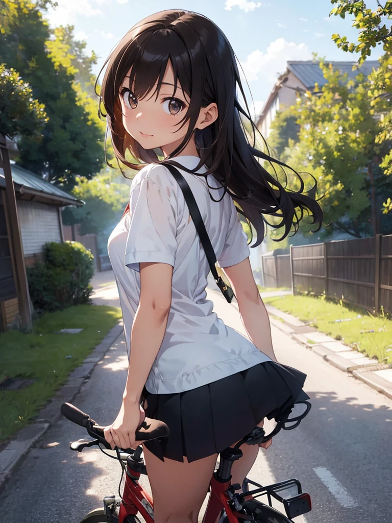master piece, extremely detailed, high resolution, Makoto Shinkai style, girl, blouse, mini skirt, Riding a bicycle, Showing your back and turning around, master piece, extremely detailed, high resolution, Makoto Shinkai style, girl, blouse, mini skirt, Riding a bicycle, Showing your back and turning around, Long Straight Hair, Brown Hair, Glossy, plump lips, Shiny Hair, A happy look, Rural road sceneryストレートヘアー, Brown Hair, Glossy, plump lips, Shiny Hair, A happy look, Rural road scenery