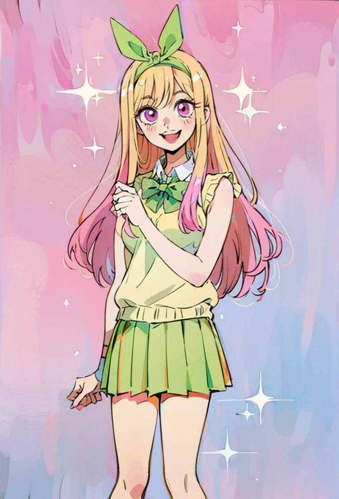 Marin kitagawa, long hair, marin drssed up as Yotsuba Nakano, long blonde hair with pink ends, sparkling pink eyes, sweet face, cheery, playful happy face, lovely, 4k, perfect quality, excellent fusion, excellent character design, green ribbon, sleeveless yellow sweater, collared white short sleeved shirt, green bow tie, green pleated skirt, bright colors, pastel coloured image, vivid colours, light colours, simple background, magic hill background, splendid nature, natural light, daylight, full body, full shot, dinamic pose, extremely detailed, clean lineart, neat, smile