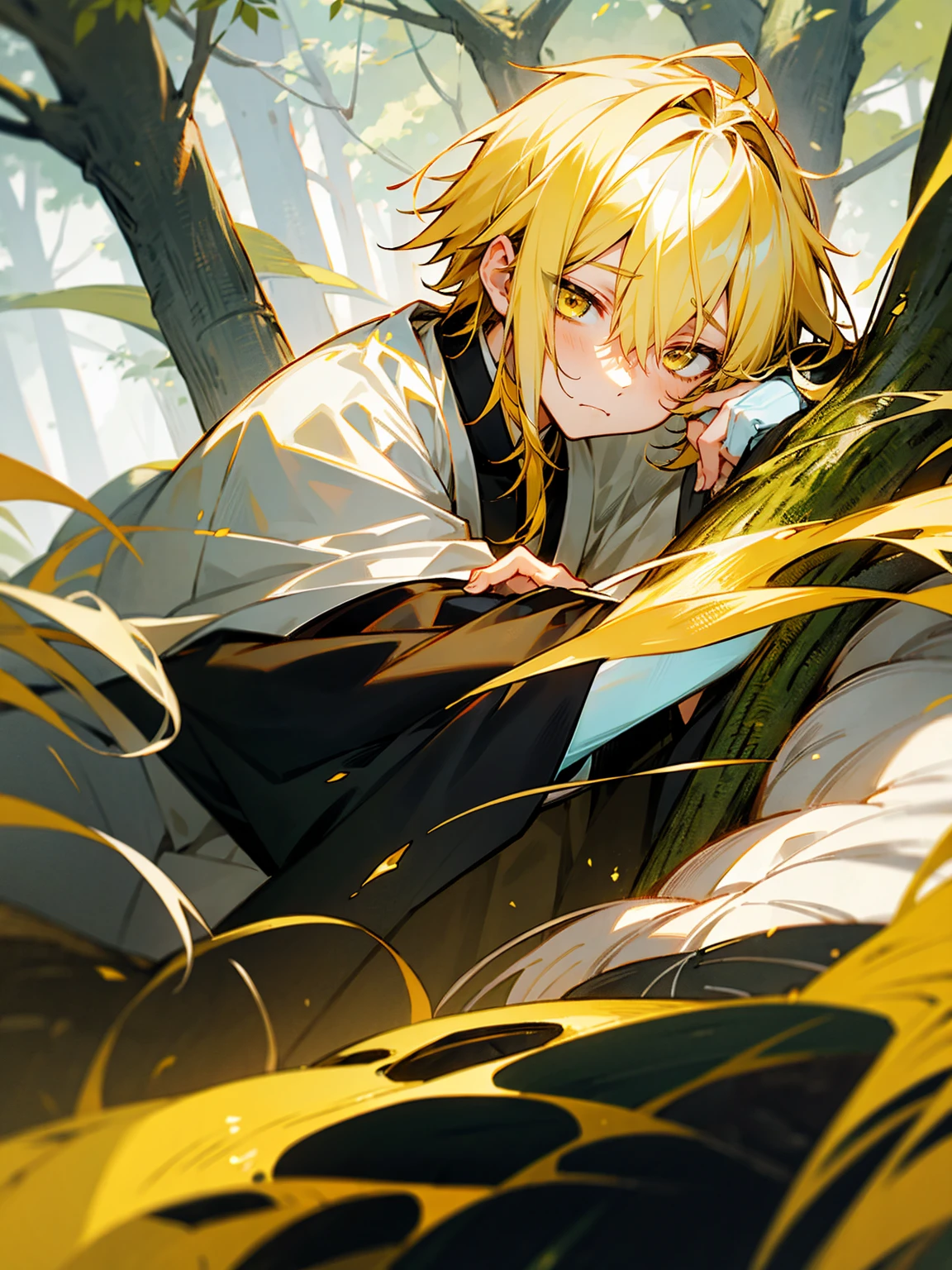 1male, black and yellow hair, two toned hair, young, yukata, lightning haori, sleepy expression gold eyes, forest