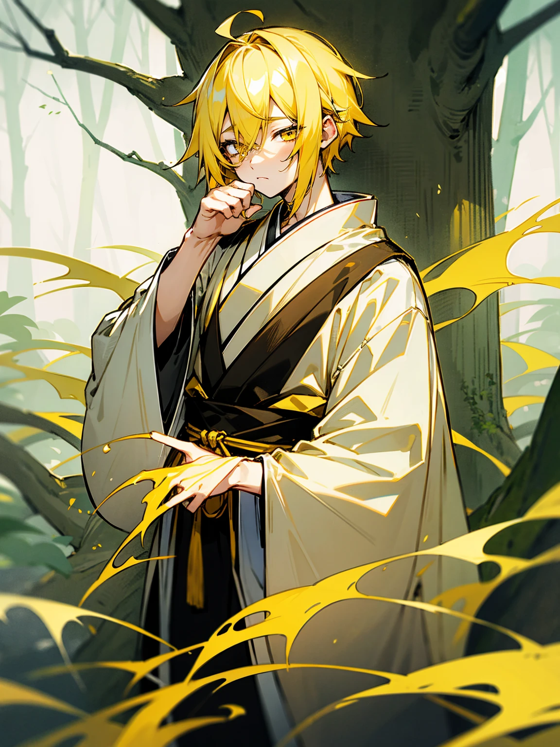 1male, black and yellow hair, two toned hair, young, yukata, lightning haori, sleepy expression gold eyes, forest