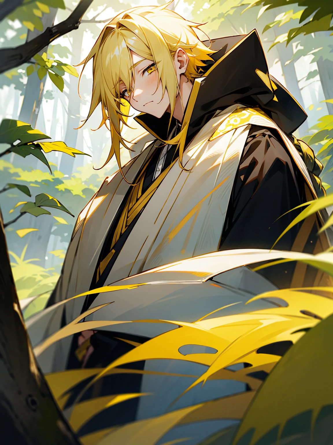 1male, black and yellow hair, two toned hair, young, yukata, lightning haori, sleepy expression gold eyes, forest