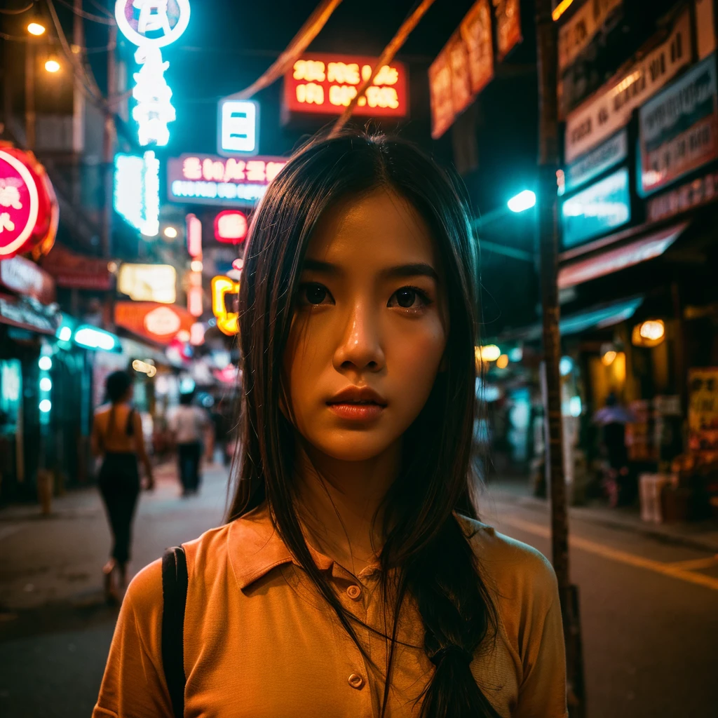 a beautiful girl, detailed eyes and lips, standing alone on the middle of a street in Thailand's Chinatown, 1girl, high contrast, vibrant colors, cinematic lighting, photorealistic, 8k, extremely detailed, hyper realistic, masterpiece, digital art, cinematic, muted tones, dramatic lighting, moody atmosphere, detailed environment, intricate architecture, cobblestone street, neon signs, lush greenery, atmospheric haze, beautiful detailed face, elegant pose, breathtaking, cinematic composition, flawless detail, stunning realism