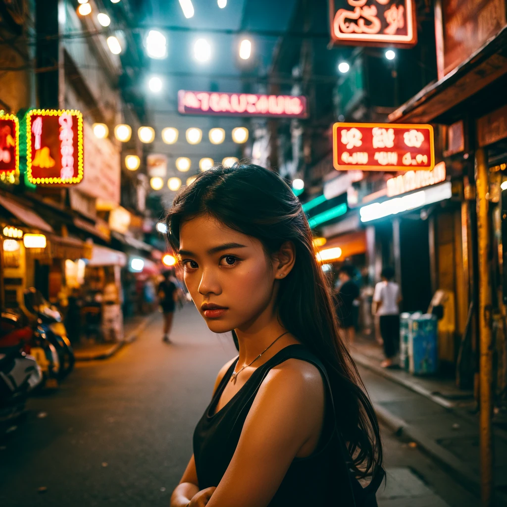 a beautiful girl, detailed eyes and lips, standing alone on the middle of a street in Thailand's Chinatown, 1girl, high contrast, vibrant colors, cinematic lighting, photorealistic, 8k, extremely detailed, hyper realistic, masterpiece, digital art, cinematic, muted tones, dramatic lighting, moody atmosphere, detailed environment, intricate architecture, cobblestone street, neon signs, lush greenery, atmospheric haze, beautiful detailed face, elegant pose, breathtaking, cinematic composition, flawless detail, stunning realism