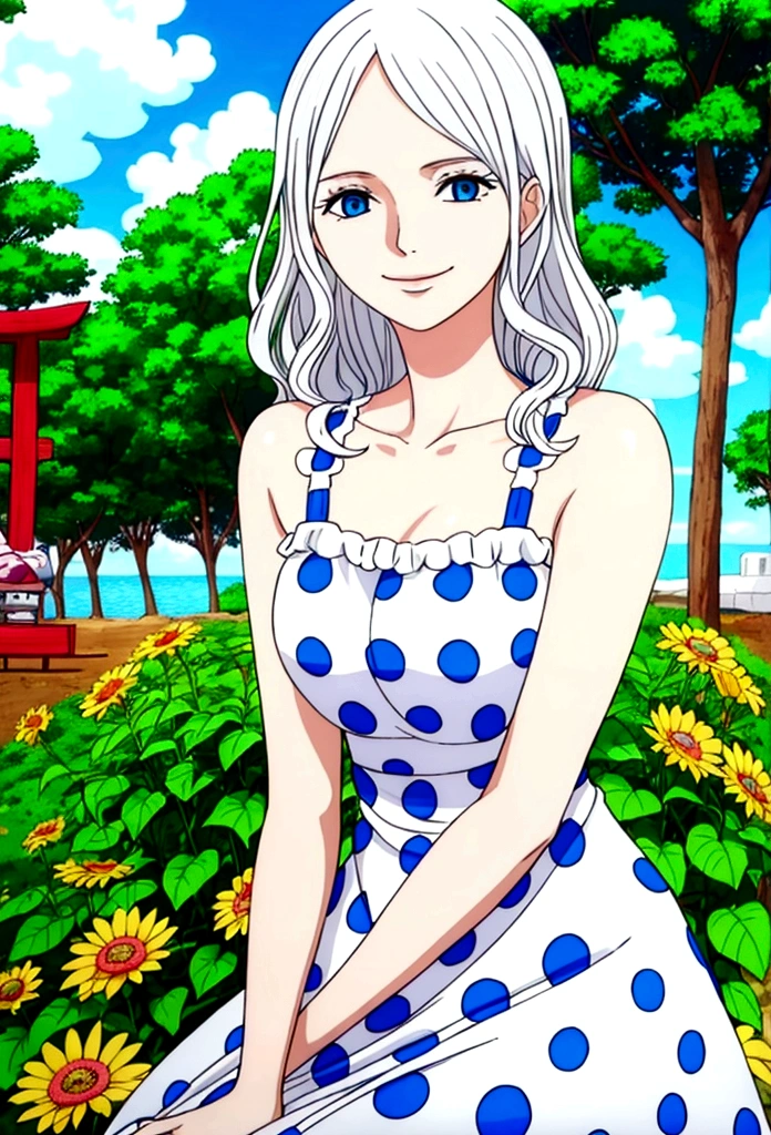 Woman (45 years old), platinum white wavy hair, blue eyes, wearing polka dot sun dress, smiling in a sunny day