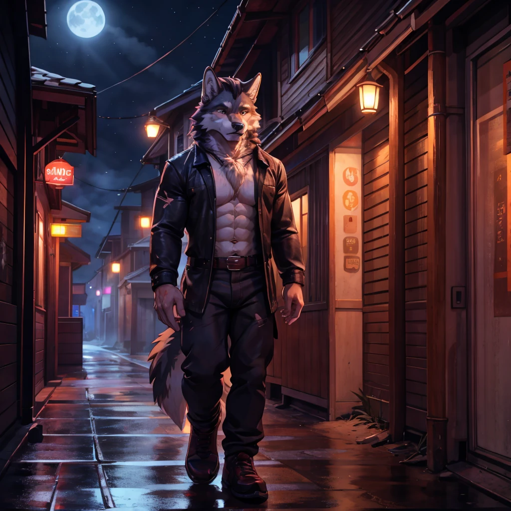 A furry man-wolf abandoned by the side of the road at night, muscular, athletic, with wet skin, sentimental, detailed facial features, vibrant colors, anime style, realistic, 8k, hyper-detailed, masterpiece, with scars and features. Bright-eyed and good-looking, tall and handsome, with beautiful hair and a special color. Tearful, unwilling, ragged Unhappy adj.