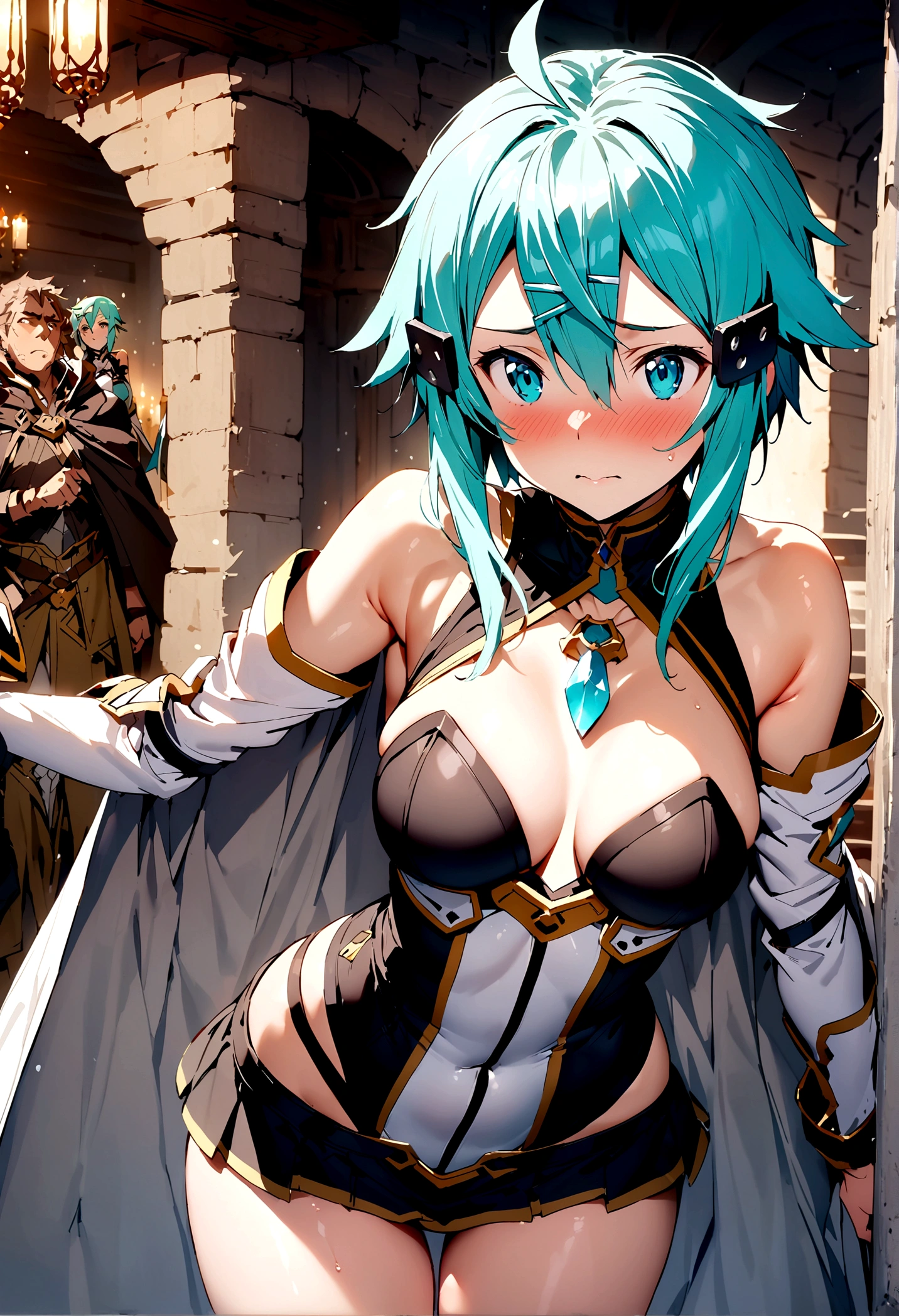 NSFW,masterpiece,Highest quality,High resolution,Super detailed,Sinon\(Sword Art Online\),Bare shoulders,Removable sleeves,Hand guard,leotard,Cape,mini skirt,gem, hair ornaments, Hair Clip,Embarrassed,expectant face,(Lust),(Estrus),blush,Fantasy,Adventurer's Guild,reception,indoor,(Tough-faced man),(Embrace)