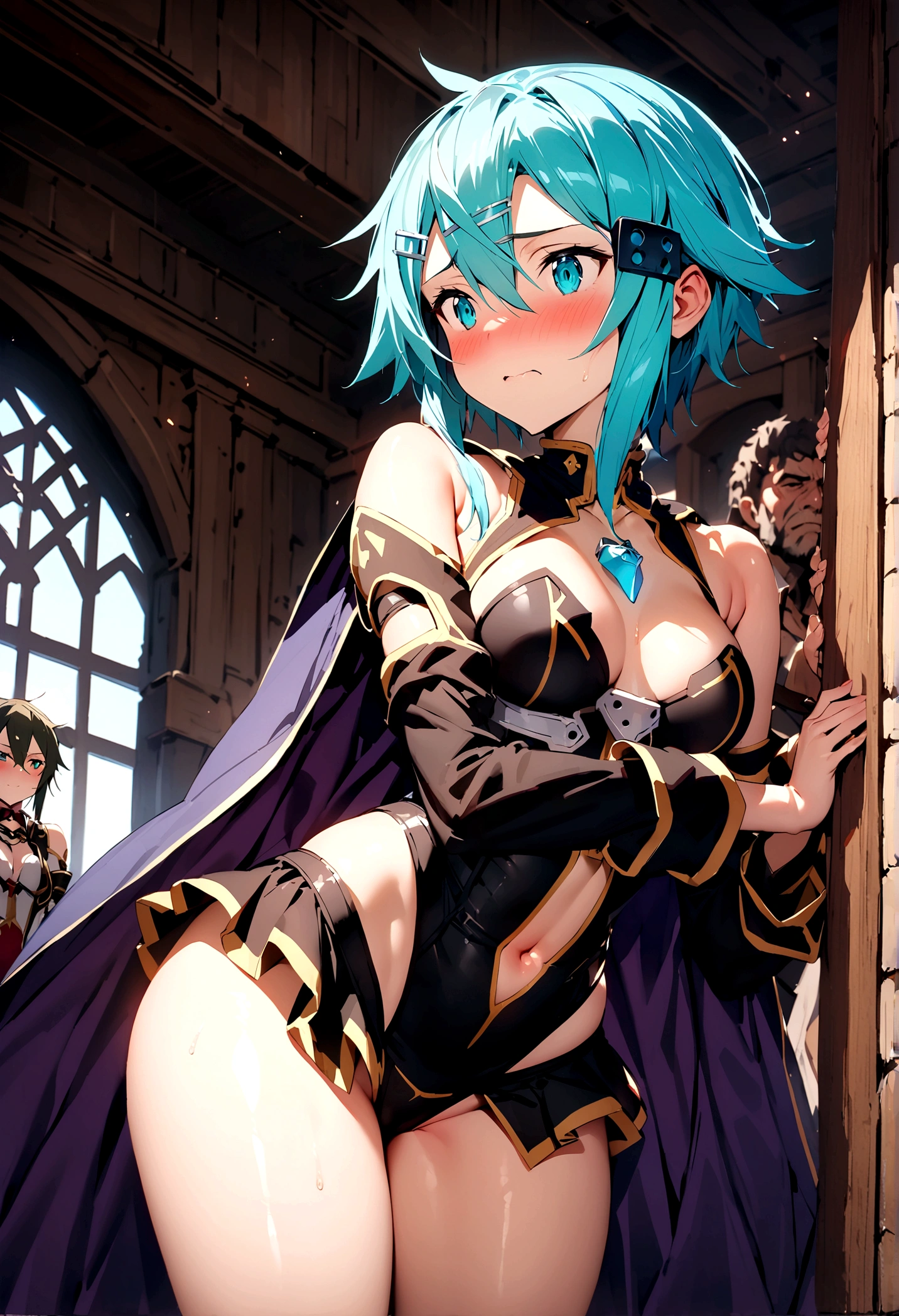 NSFW,masterpiece,Highest quality,High resolution,Super detailed,Sinon\(Sword Art Online\),Bare shoulders,Removable sleeves,Hand guard,leotard,Cape,mini skirt,gem, hair ornaments, Hair Clip,Embarrassed,expectant face,(Lust),(Estrus),blush,Fantasy,Adventurer&#39;s Guild,reception,indoor,(Tough-faced man),(Embrace)