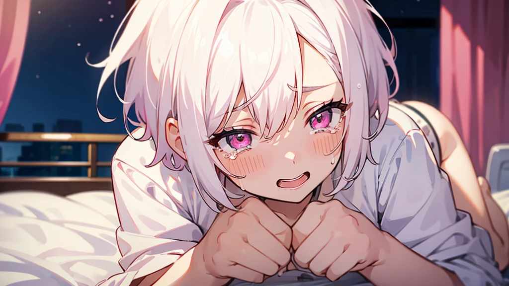 White Hair Girl、Pink Eyes、Short Hair、Only one girl、Night、In the bedroom、Blushing、laughing、Excited、Just One、Sitting on the bed、Sweating、With tears in their eyes、On all fours