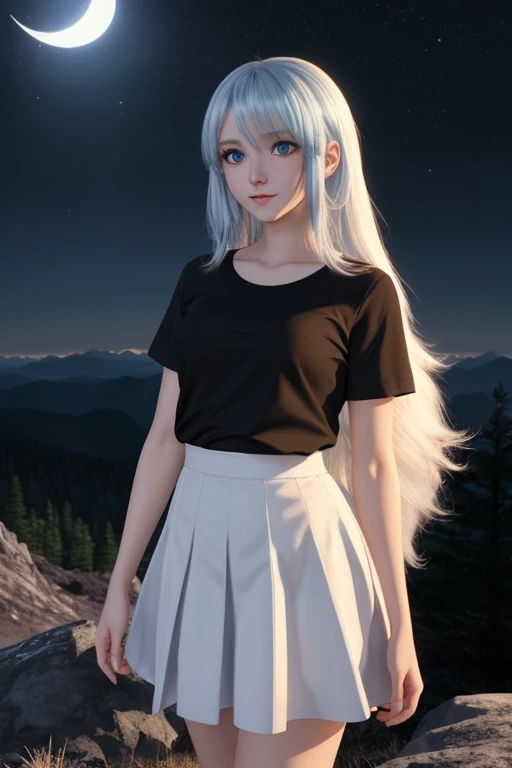 Long White haired anime girl with light blue eyes,black shirt,short white skirt,cute,hot,beautiful,18 years old,revanimated,3d,cyberrealistic,DreamShaper,in the moonlight,on top of the mountain,beautiful night sky,