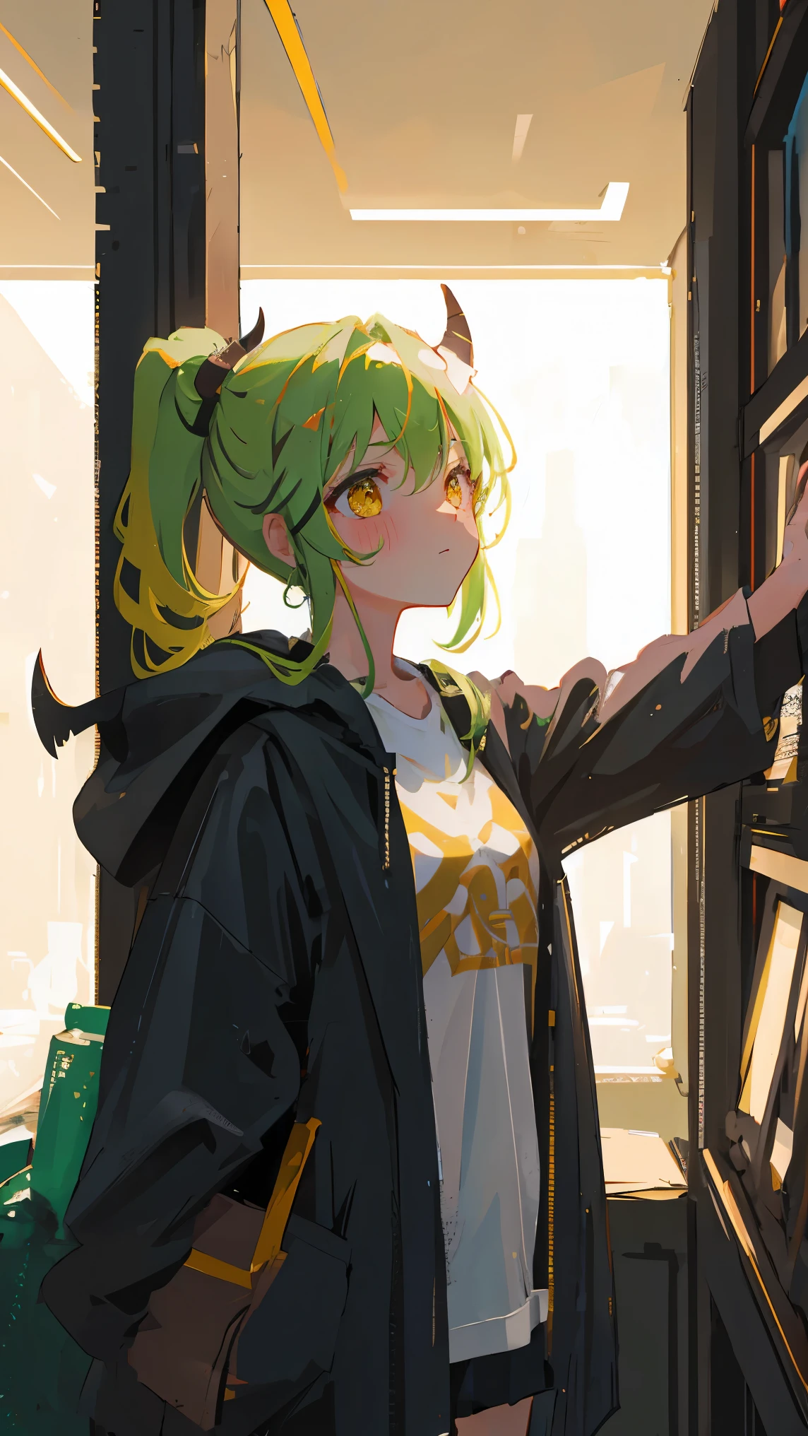 masterpiece, best quality, illustration, upper body, 1girl, looking at viewer, lime color hair, medium hair, olive color eyes, have ponytail hairstyle on her head, demon horns, black coat, indoors, dimly lit, 16k quality, >, colorful, best quality, no glitches on image, no override, have deep shadows, masterpiece, super detail, advanced quality for background and shadows, all body.
