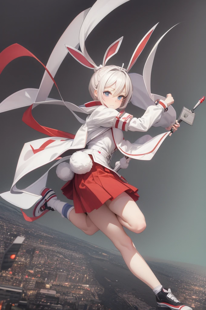 Nikke, Bunny Mary, running, Chasing Male nikke Commander, Needle in hand, City, High res, ultrasharp, 8k, masterpiece, looking at male commander, hearts above bunny Mary.