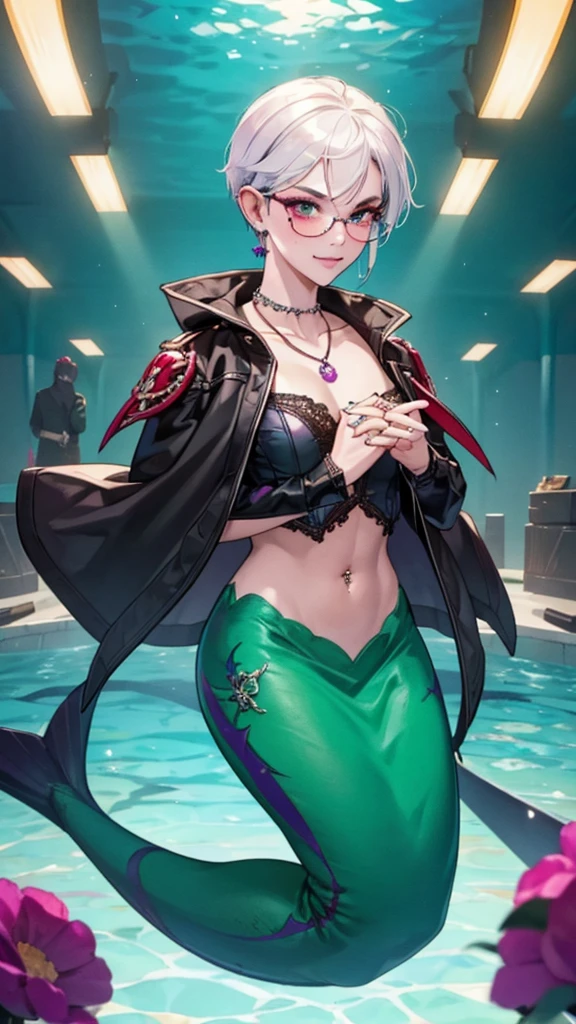 8k, masterpiece, best quality, highly detailed, 1 girl, tiefling, warlock, multicolored hair, very short straight hair green highlight hair on white hair, strippled hair, wearing glasses, round glasses, earrings, red eyeshadow, long eyelashes,navel piercing, blushed cheek, necklace, collarbone, mole, glamorous, purple and teal clothing, villainy, smirk, seductive face, fullbody view, rings, looking at viewer, swimming, demon horns, solo, hand touching cheek, underwater, black lace gloves.