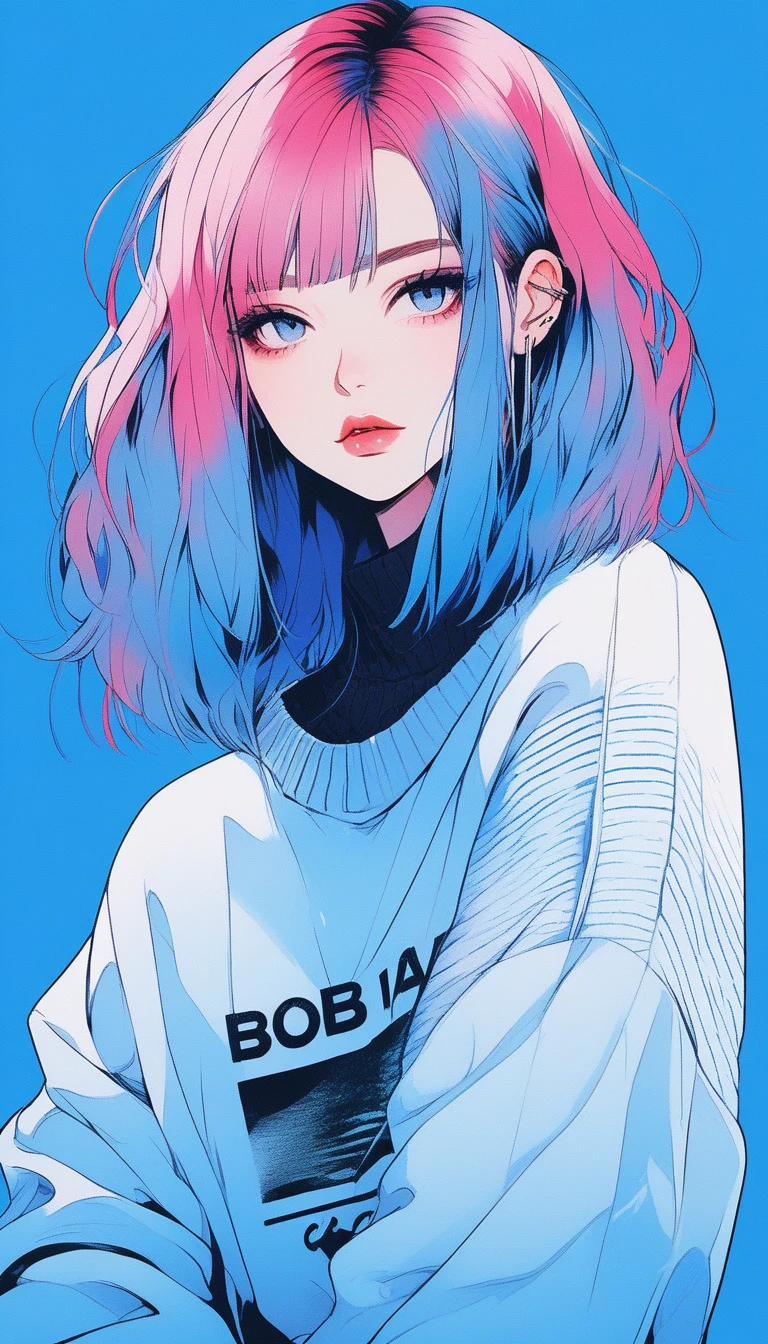 Illustrator, anime , Realistic ,sketch , 1 Girl,lip, sweater,order, Blue gradient background, Neon Hair,Textured Trim, Canadian, (masterpiece,Highest quality) Bob Hair,Bob,short