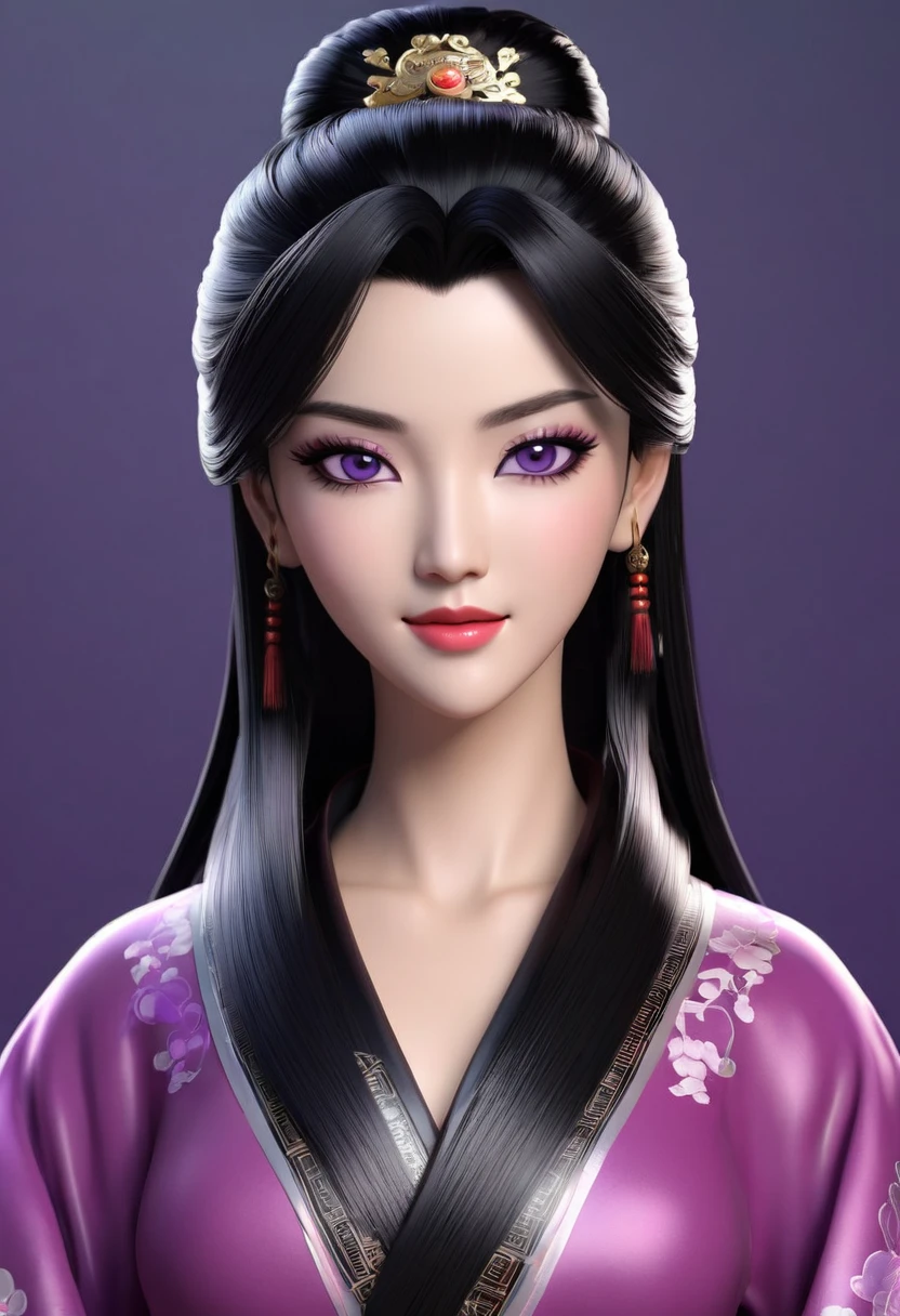 Woman with black hair, purple eyes and smirking full lips. WuXia style. 3d anime model style.