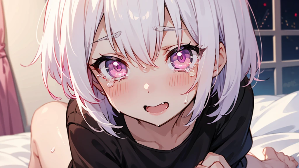 White Hair Girl、Pink Eyes、Short Hair、Only one girl、Night、In the bedroom、Blushing、laughing、Excited、Just One、Sitting on the bed、Sweating、With tears in their eyes、On all fours
