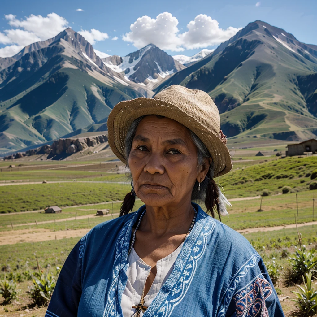 indigenous old woman with mountains and crops in the background and a big blue sky in the background
