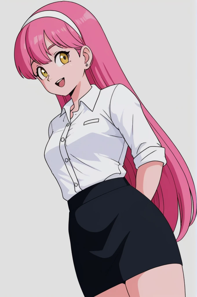 ((Masterpiece, Best Quality)), (1 girl), (Alone), (Feminine focus), (He drowned, by white, very long hair), gold eyes, light smile, Open mouth, ((White shirt), (Buttoned shirt), (space between buttons)), ((black skirt), (Short skirt)), standing, White background, arms behind the back, dynamic angle,