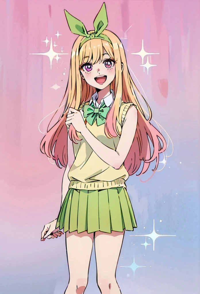 Marin kitagawa, long hair, marin drssed up as Yotsuba Nakano, long blonde hair with pink ends, sparkling pink eyes, sweet face, cheery, playful happy face, lovely, 4k, perfect quality, excellent fusion, excellent character design, green ribbon, sleeveless yellow sweater, collared white short sleeved shirt, green bow tie, green pleated skirt, bright colors, pastel coloured image, vivid colours, light colours, simple background, magic hill background, splendid nature, natural light, daylight, full body, full shot, dinamic pose, extremely detailed, clean lineart, neat, smile