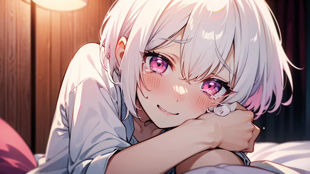 White Hair Girl、Pink Eyes、Short Hair、Only one girl、Night、In the bedroom、Blushing、laughing、Excited、Just One、Sitting on the bed、Sweating、With tears in their eyes、On all fours