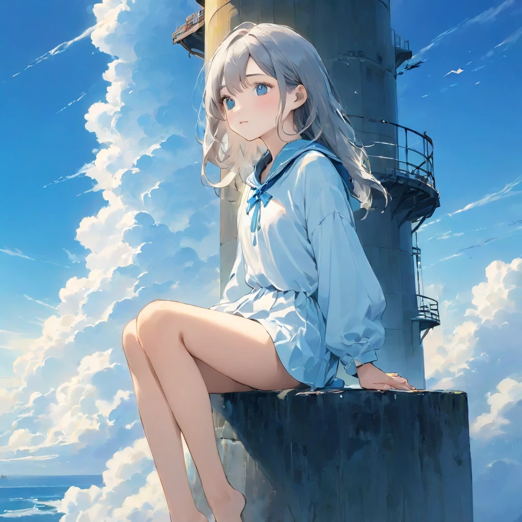 finely detailed illustration, vibrant color,High resolution、８ｋ、pretty girl、One Girl、Perfect and detailed eye drawing、Highest quality、masterpiece、detailed eye and face, A thin tower stretching high into the sky、Cylindrical tower、sea of clouds、blue sky、Sitting cross-legged、Hair blowing in the wind、Gray Hair、Girl staring into the distance、White clothes、barefoot、Full body angle、sea of clouds