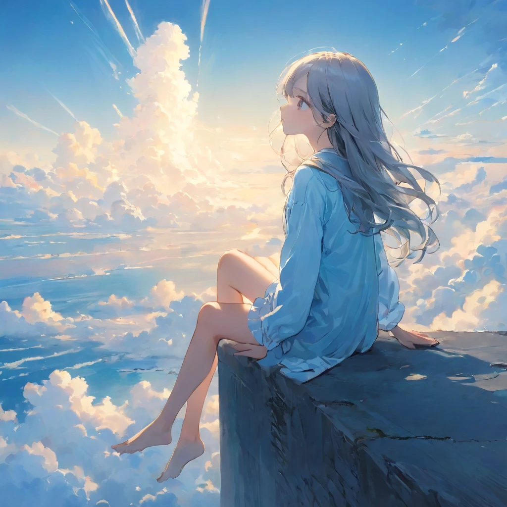 finely detailed illustration, vibrant color,High resolution、8k、pretty girl、One Girl、Perfect and detailed eye drawing、Highest quality、masterpiece、detailed eye and face, A thin tower stretching high into the sky、Cylindrical tower、sea of clouds、blue sky、Sitting cross-legged、Hair blowing in the wind、Gray Hair、Girl staring into the distance、White clothes、barefoot、Full body angle、sea of clouds