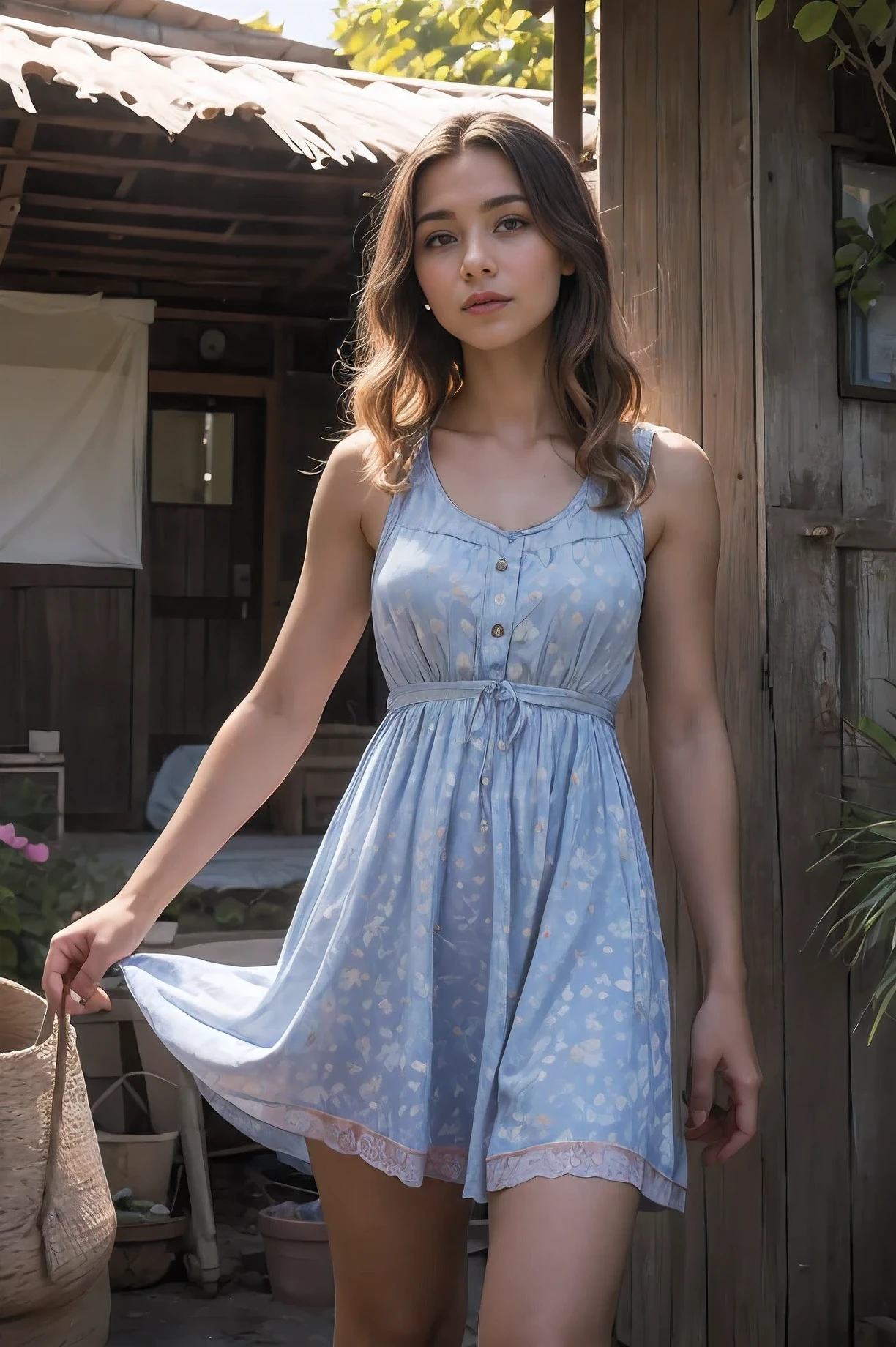 Beautiful young woman with light streaming neatly through her hair., Her summer dress was beautiful and she was standing in front of the hut.
