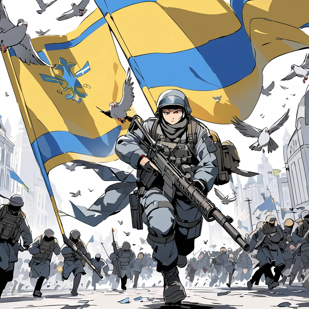 Russia is attacked by pigeons with the flag of Ukraine and people run away from machine guns of pigeons in the city of Moscow