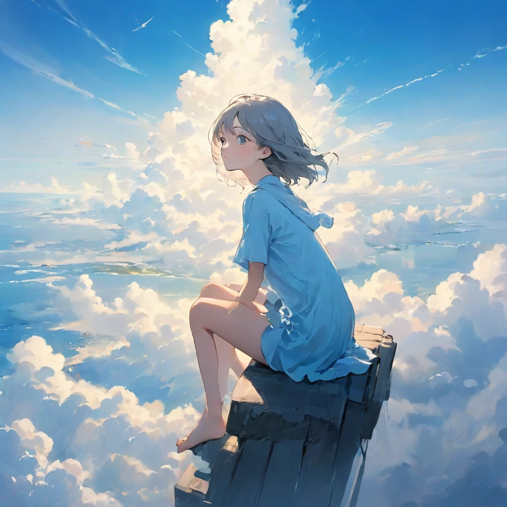 finely detailed illustration, vibrant color,High resolution、８ｋ、pretty girl、One Girl、Perfect and detailed eye drawing、Highest quality、masterpiece、detailed eye and face, A thin tower stretching high into the sky、Cylindrical tower、sea of clouds、blue sky、Sitting cross-legged、Hair blowing in the wind、Gray Hair、Girl staring into the distance、White clothes、barefoot、Full body angle、sea of clouds