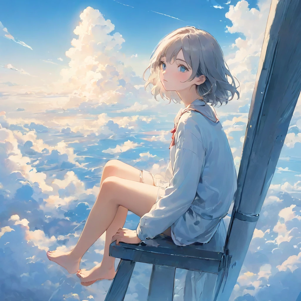 finely detailed illustration, vibrant color,High resolution、8k、pretty girl、One Girl、Perfect and detailed eye drawing、Highest quality、masterpiece、detailed eye and face, A thin tower stretching high into the sky、Cylindrical tower、sea of clouds、blue sky、Sitting cross-legged、Hair blowing in the wind、Gray Hair、Girl staring into the distance、White clothes、barefoot、Full body angle、sea of clouds