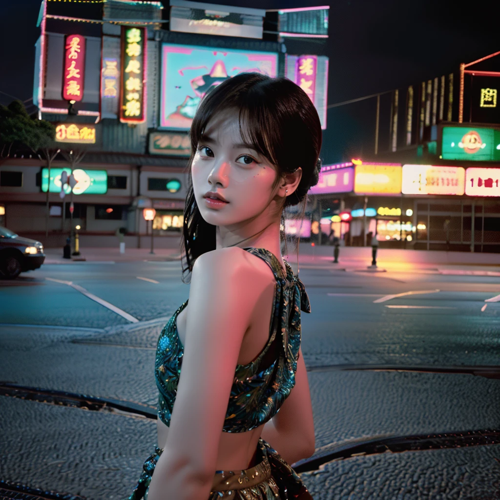 a beautiful girl, detailed eyes and lips, standing alone on the middle of a street in Thailand's Chinatown, 1girl, high contrast, vibrant colors, cinematic lighting, photorealistic, 8k, extremely detailed, hyper realistic, masterpiece, digital art, cinematic, muted tones, dramatic lighting, moody atmosphere, detailed environment, intricate architecture, cobblestone street, neon signs, lush greenery, atmospheric haze, beautiful detailed face, elegant pose, breathtaking, cinematic composition, flawless detail, stunning realism