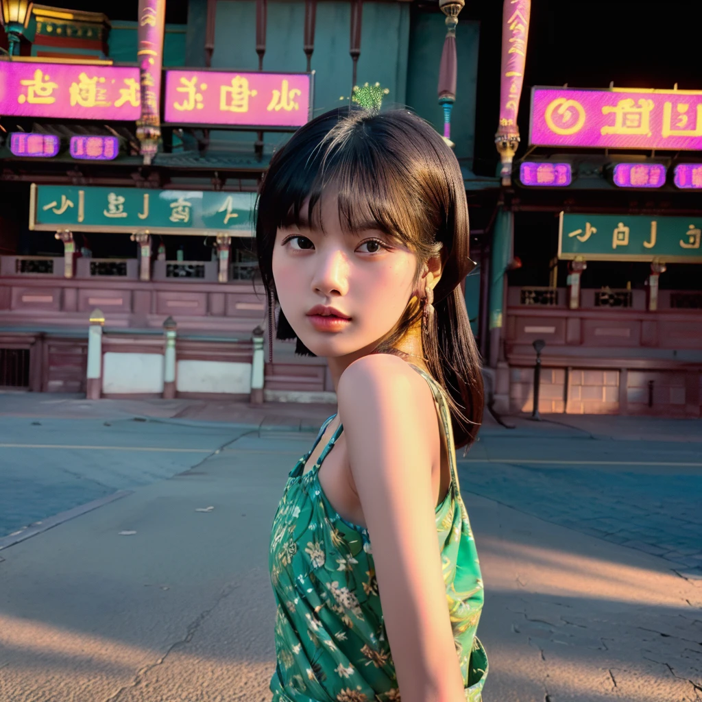 a beautiful girl, detailed eyes and lips, standing alone on the middle of a street in Thailand's Chinatown, 1girl, high contrast, vibrant colors, cinematic lighting, photorealistic, 8k, extremely detailed, hyper realistic, masterpiece, digital art, cinematic, muted tones, dramatic lighting, moody atmosphere, detailed environment, intricate architecture, cobblestone street, neon signs, lush greenery, atmospheric haze, beautiful detailed face, elegant pose, breathtaking, cinematic composition, flawless detail, stunning realism