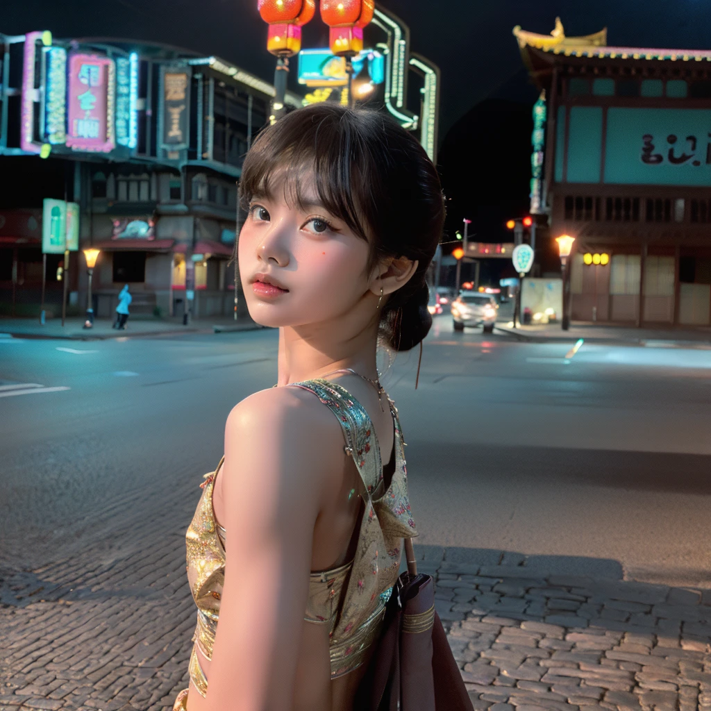 a beautiful girl, detailed eyes and lips, standing alone on the middle of a street in Thailand's Chinatown, 1girl, high contrast, vibrant colors, cinematic lighting, photorealistic, 8k, extremely detailed, hyper realistic, masterpiece, digital art, cinematic, muted tones, dramatic lighting, moody atmosphere, detailed environment, intricate architecture, cobblestone street, neon signs, lush greenery, atmospheric haze, beautiful detailed face, elegant pose, breathtaking, cinematic composition, flawless detail, stunning realism