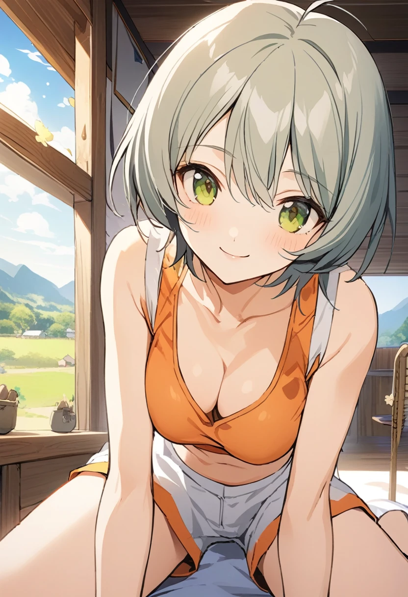 One girl,Kaoru、smile、Gentle expression、Welcome、The whole body is shown、Leaning forward、、noon、Rural Scenery、Sitting、Leg spread、looking viewer,Cute orange sports bra,White shorts、A complete depiction of the human body、masterpiece, Highest quality, Game CG,