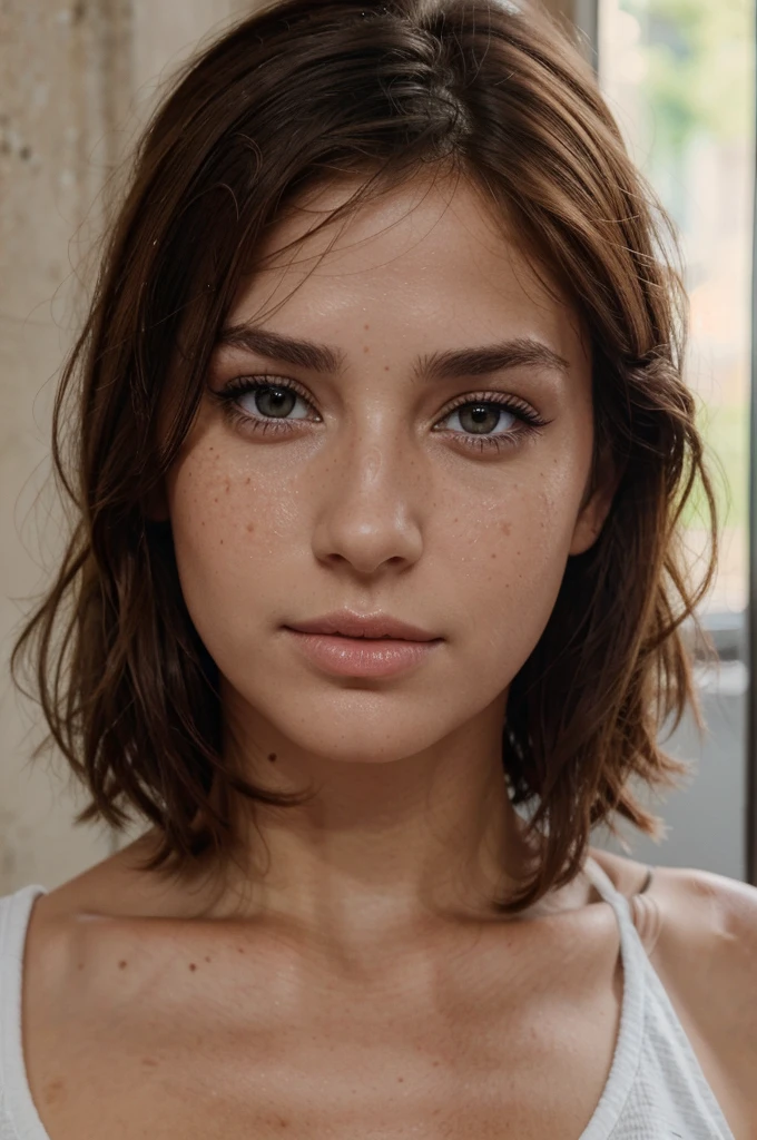Ultra realistic brune au yeux claire,made up, some freckle, des tres de visage assez fin des soucil bien dessiné, de long cils, 4K