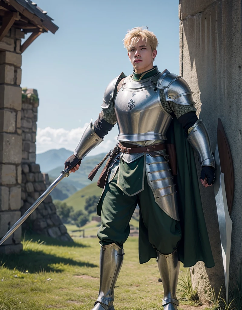Male Youth with blonde hair, brown eyes and fair skin, wearing dark green knight armor and gray trousers, gauntlets and boots, weilding spear and shield, fullbody, medieval background, muscular