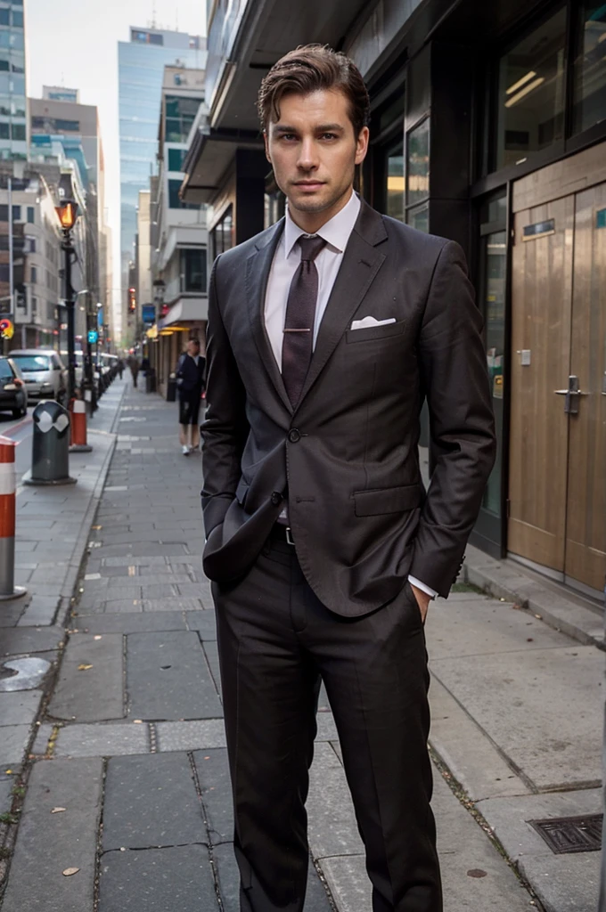 Very handsome man, 29yo, dark brown hair, Wear a suit, Consultation, Standing, Wearing executive clothes on the sidewalk of a big city, realphoto