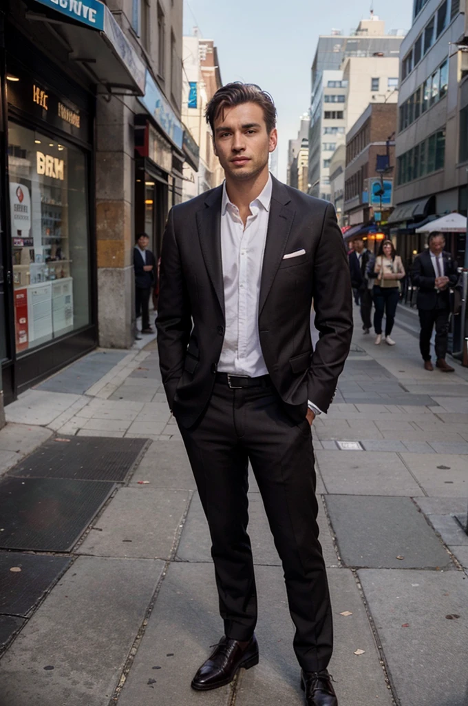 Very handsome man, 29yo, dark brown hair, Wear a suit, Consultation, Standing, Wearing executive clothes on the sidewalk of a big city, realphoto