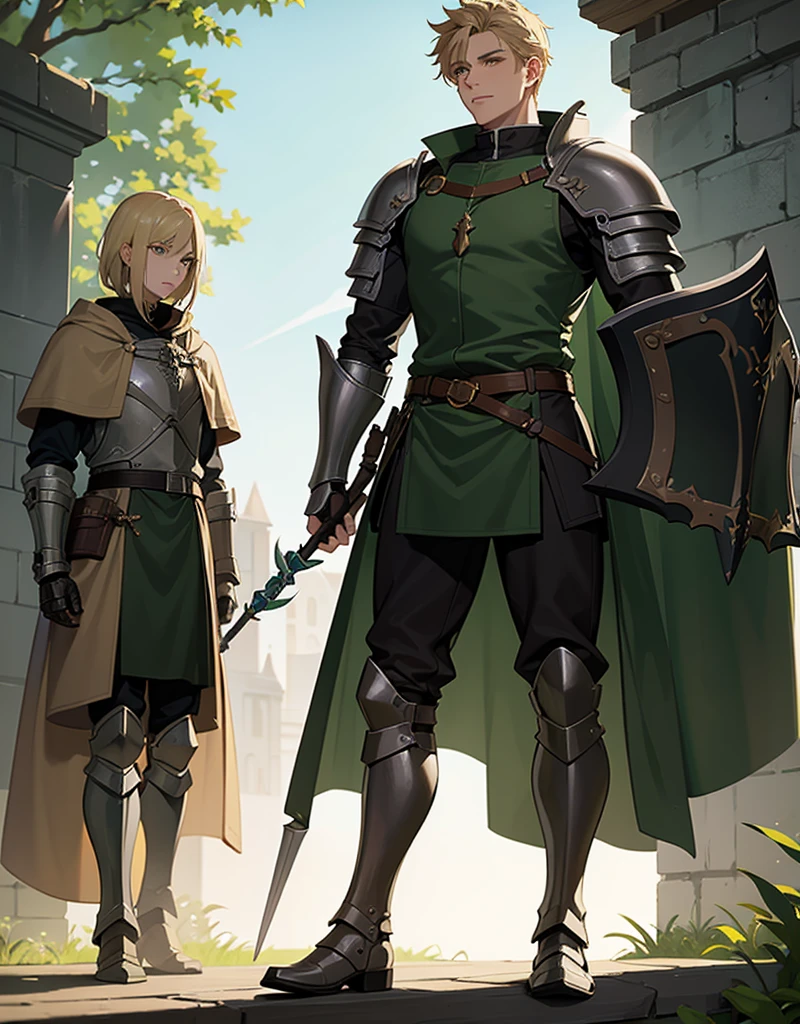 Male Youth with blonde hair, brown eyes and fair skin, wearing dark green knight armor and gray trousers, gauntlets and boots, weilding spear and shield, fullbody, medieval background, muscular