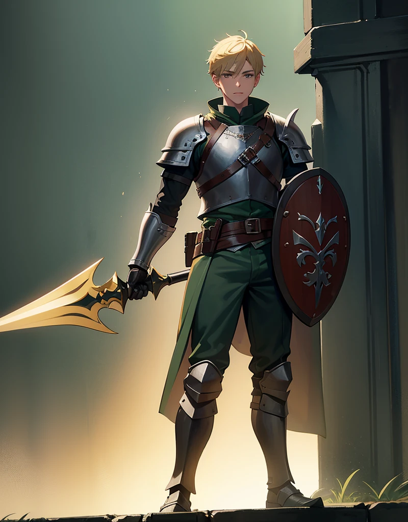 Male Youth with blonde hair, brown eyes and fair skin, wearing dark green knight armor and gray trousers, gauntlets and boots, weilding spear and shield, fullbody, medieval background, muscular