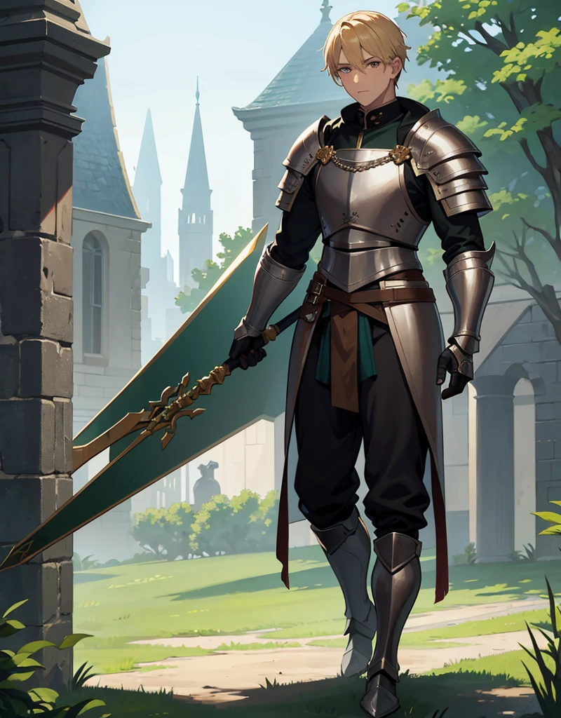 Male Youth with blonde hair, brown eyes and fair skin, wearing dark green knight armor and gray trousers, gauntlets and boots, weilding spear and shield, fullbody, medieval background, muscular