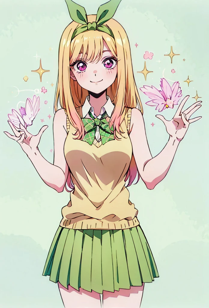 Marin kitagawa, long hair, marin drssed up as Yotsuba Nakano, long blonde hair with pink ends, sparkling pink eyes, sweet face, cheery, playful happy face, lovely, 4k, perfect quality, excellent fusion, excellent character design, green ribbon, sleeveless yellow sweater, collared white short sleeved shirt, green bow tie, green pleated skirt, bright colors, pastel coloured image, vivid colours, light colours, simple background, magic hill background, splendid nature, natural light, daylight, full body, full shot, dinamic pose, extremely detailed, clean lineart, neat, smile