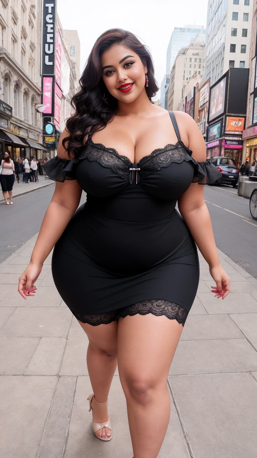Gia manek beautiful Indian actress curvy plus size big huge figure, bigger hour glass hips, up to down 45 degree angle full body shot, wearing charcoal color, SHEIN BAE Women's Pink Bow Decorated Shoulder Strap Sweetheart Camisole Lace Patchwork Fluffy Mini Dress, white fair skin, blessing chicks, The West End Theatre District outdoor background, smile face, big butt, busty, Indian young cute face, big flashy thick thighs, fit belly, deep red lipstick, full body modelling pose,