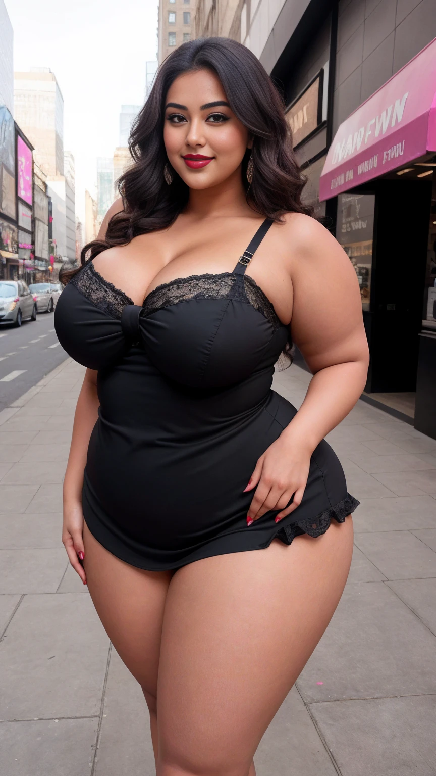 Gia manek beautiful Indian actress curvy plus size big huge figure, bigger hour glass hips, up to down 45 degree angle full body shot, wearing charcoal color, SHEIN BAE Women's Pink Bow Decorated Shoulder Strap Sweetheart Camisole Lace Patchwork Fluffy Mini Dress, white fair skin, blessing chicks, The West End Theatre District outdoor background, smile face, big butt, busty, Indian young cute face, big flashy thick thighs, fit belly, deep red lipstick, full body modelling pose,