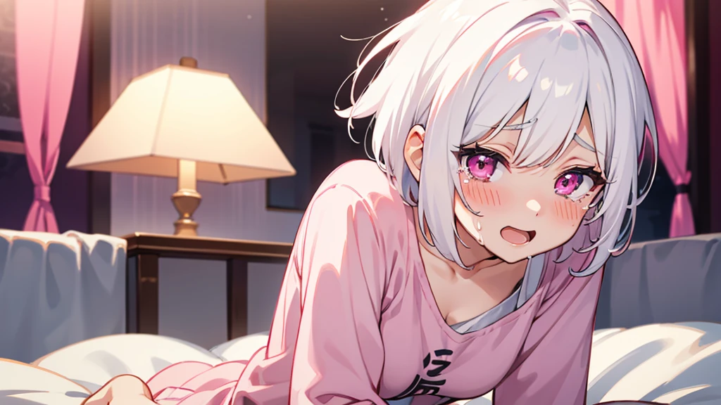 White Hair Girl、Pink Eyes、Short Hair、Only one girl、Night、In the bedroom、Blushing、laughing、Excited、Just One、Sitting on the bed、Sweating、With tears in their eyes、On all fours