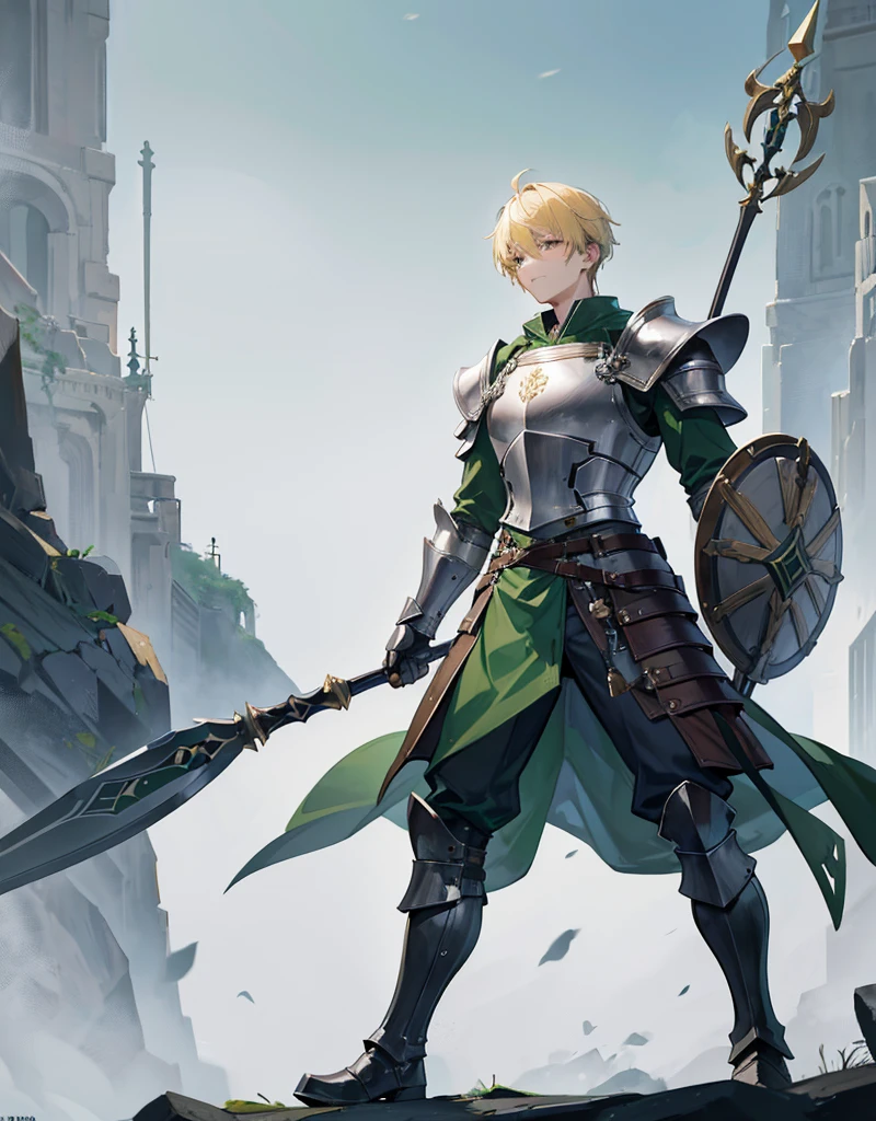 Male Youth with blonde hair, brown eyes and fair skin, wearing dark green knight armor and gray trousers, gauntlets and boots, weilding spear and shield, fullbody, medieval background, muscular