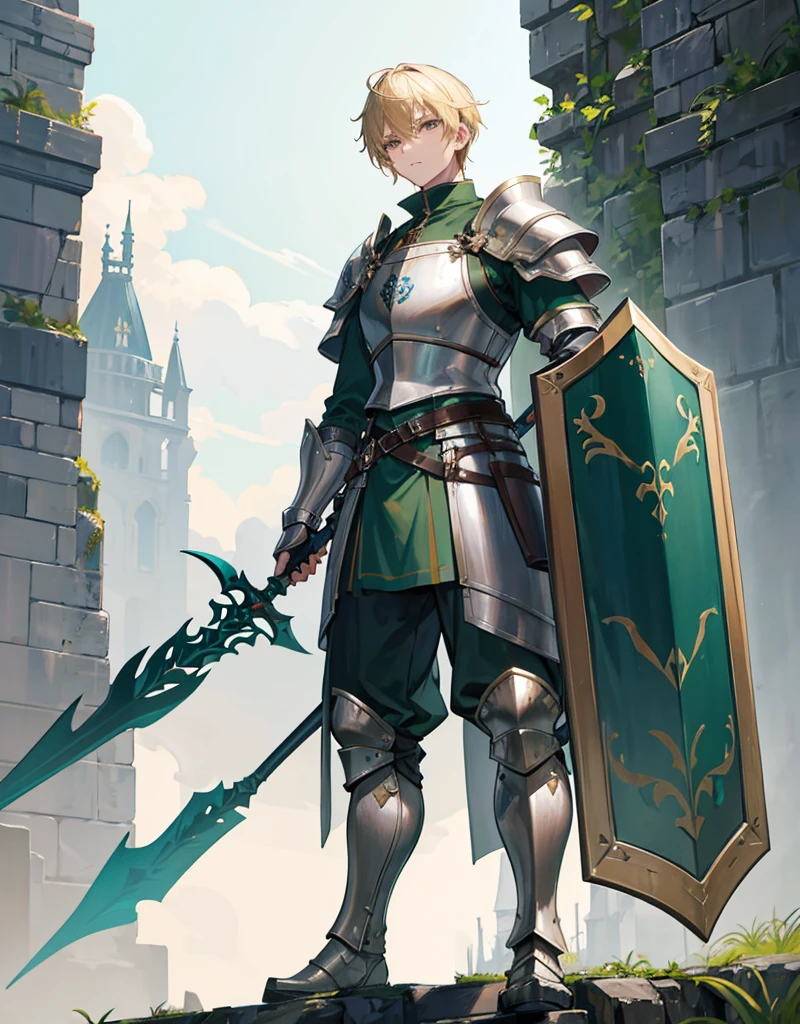 Male Youth with blonde hair, brown eyes and fair skin, wearing dark green knight armor and gray trousers, gauntlets and boots, weilding spear and shield, fullbody, medieval background, muscular