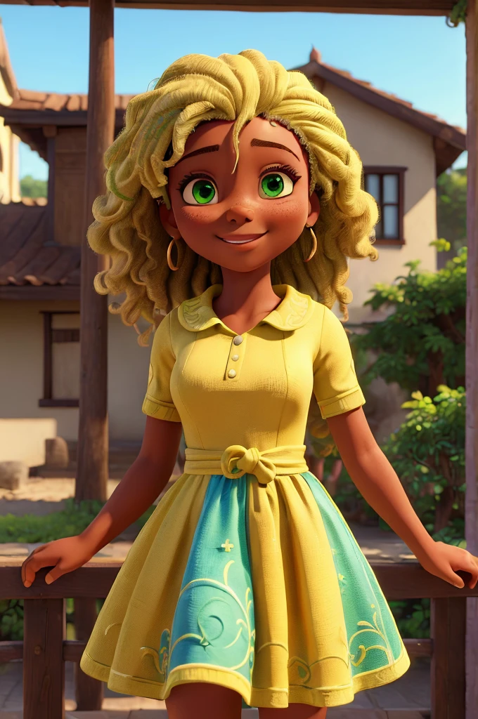 ((best quality)), ((masterpiece)), (detailed), pele amarela, cabelo azul, vestido verde e sorrindo