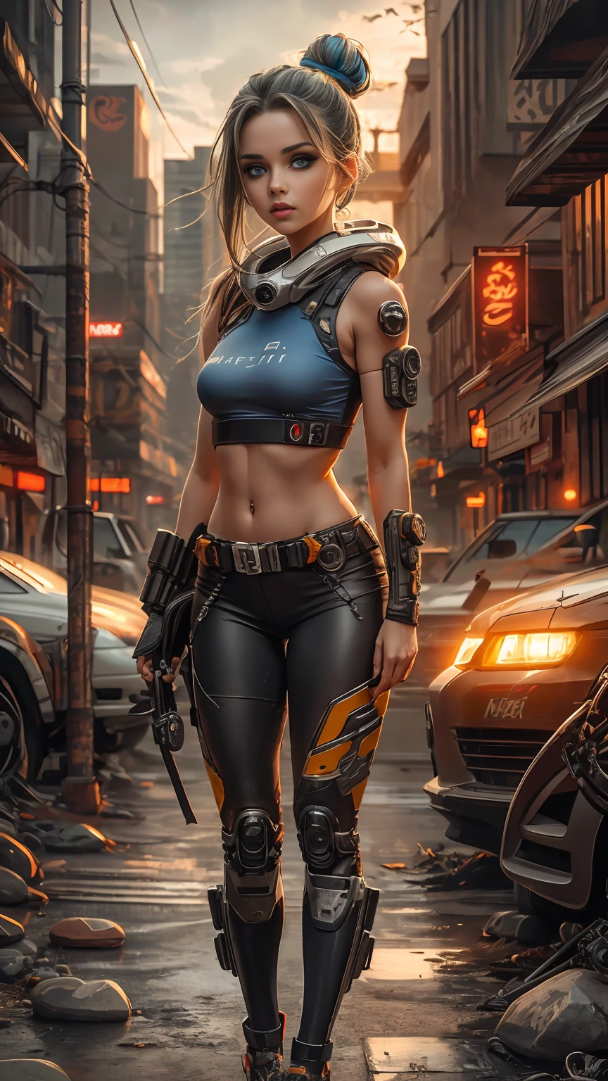 Ultra realist CG K ,((premium、8k、32k、Masterpiece、NFFSW:1.3)), (superfine illustration)、(super high resolution), (((adult body))), (Masterpiece, Best Quality:1.2),(La Best Quality,A high resolution,Ultra - detailed,actual) ,close-up Ariana Grande cyborg with red leather pants, yellow top, long white gray hair, (alien invasion background alien ships:1.4), (beautiful blue eyes big stones black:1.4) , (cowboy pose ), (realist) ,High quality 8K detailed art, Fanart Mejor ArtStation, fantasy art style , (white cyborg:1.4), (apocalyptic city cyberpunk colors:1.4)